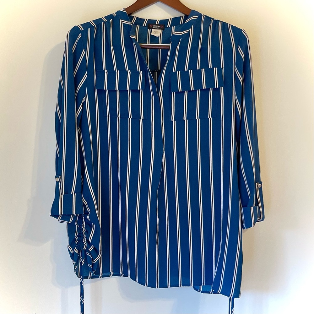 Cocomo Woman: Women’s Blue Pinstriped, Long Sleeve Blouse